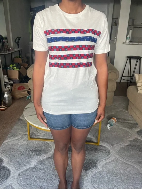 Aike White African Wax Print Stripe Graphic Tee | Size L - Picture 6 of 8